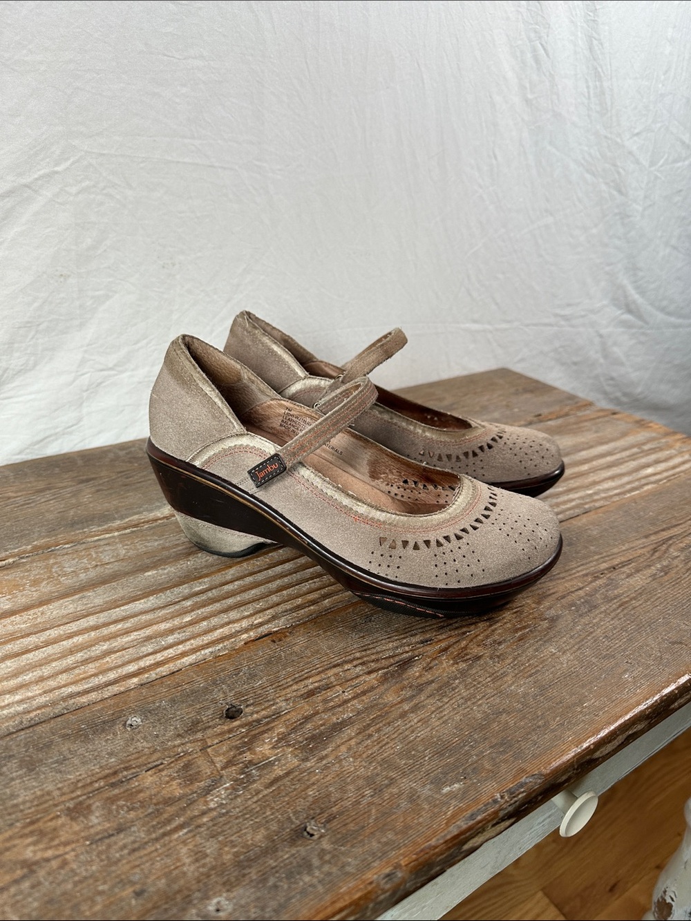 Jambu Taupe Suede Mary Jane Wedge Heels